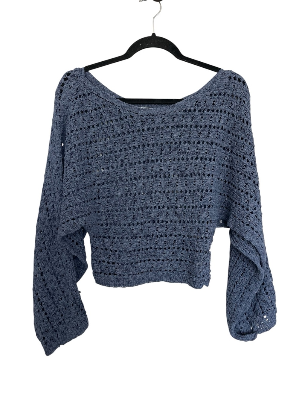 Zara Y2K Style Slate Blue Open-Weave Off-Shoulder Cropped Sweater
